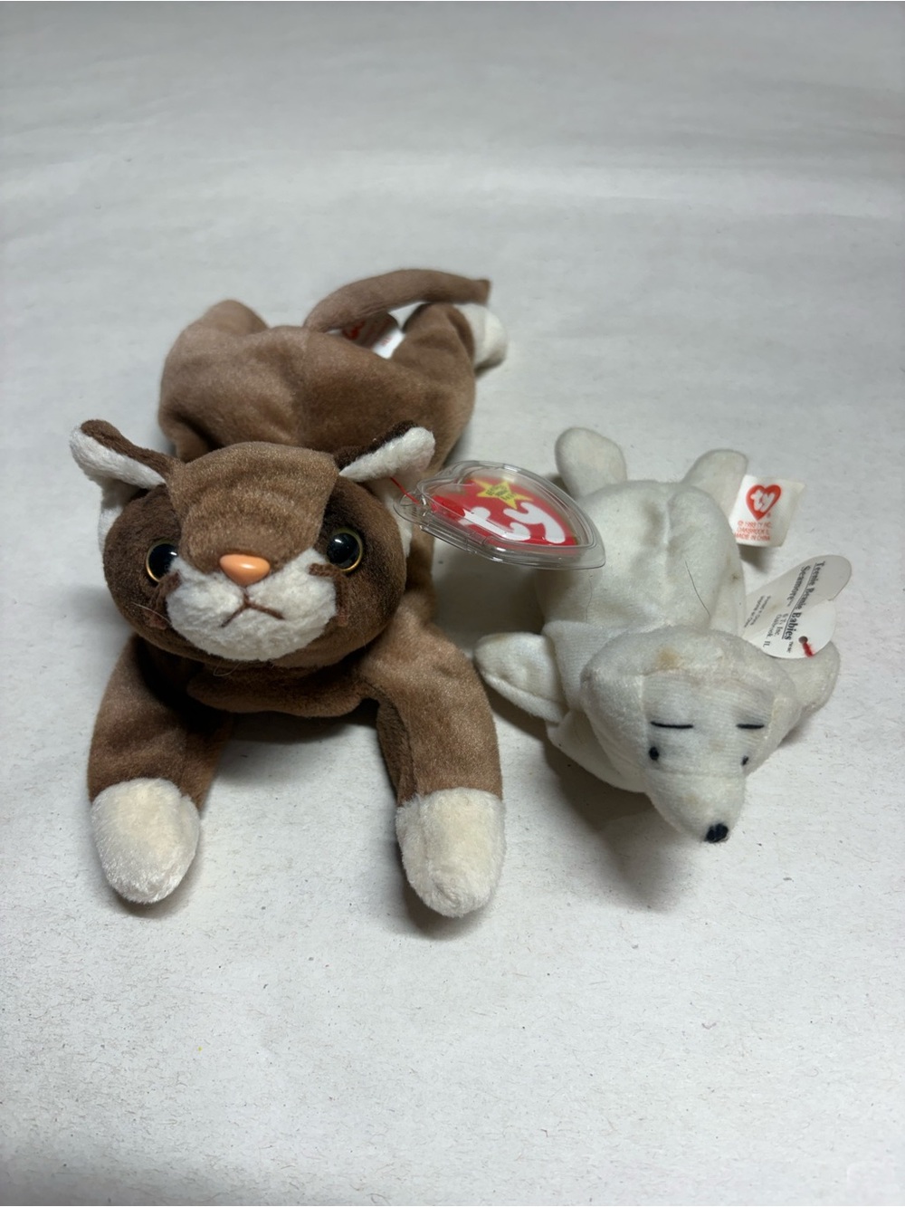 Ty Brown & White Cat, and White Seal Plush Duo with Heart Tags